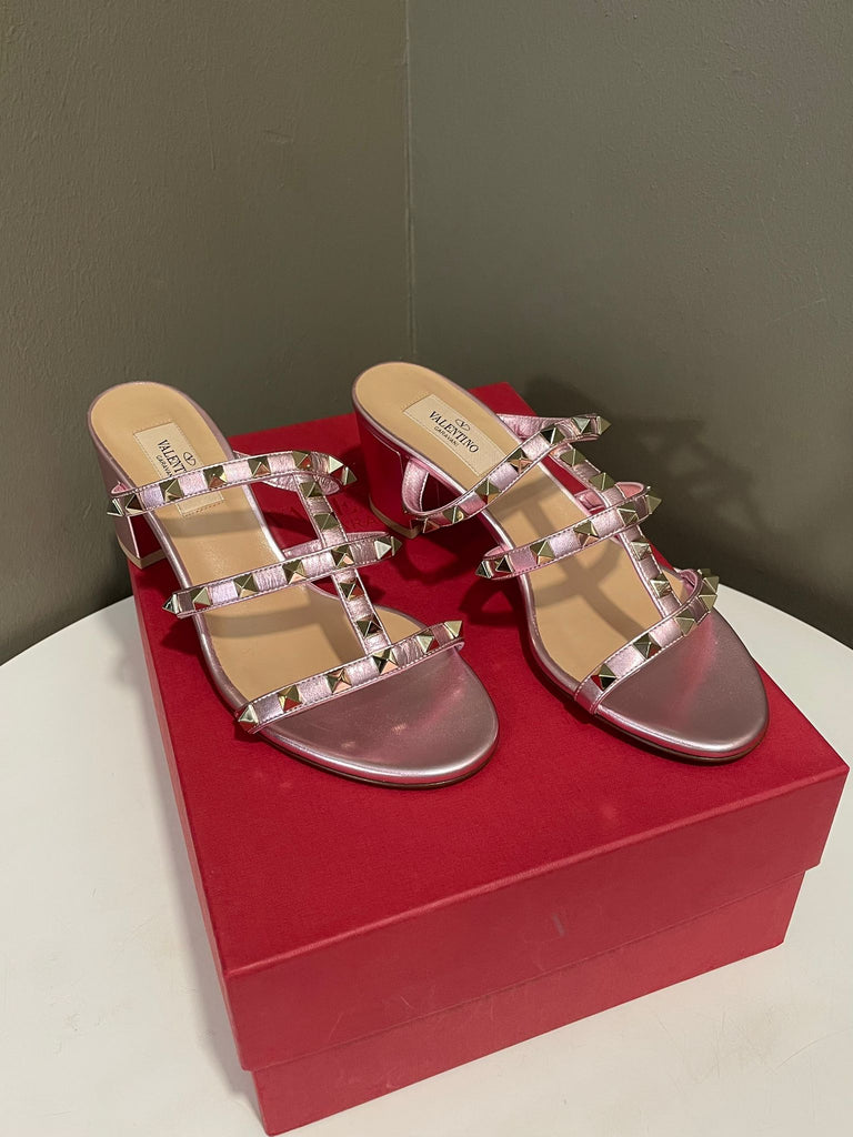 Valentino Rockstud Slide Sandal Metallic Pink Nappa Size 37