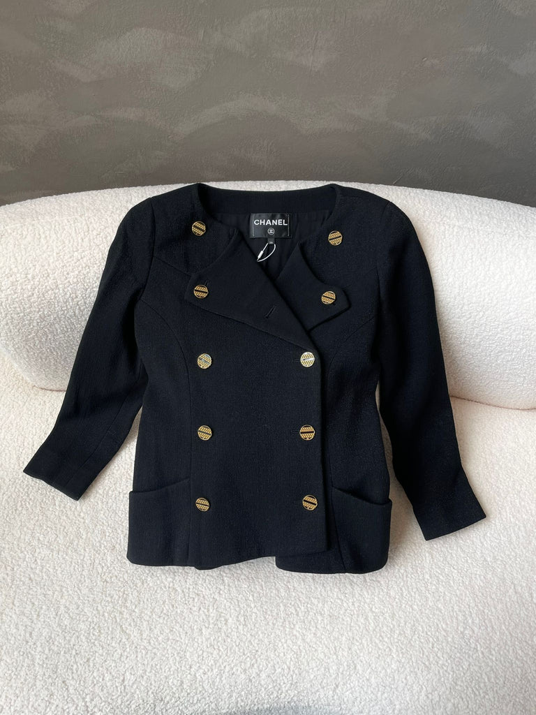 Chanel 19A New York Collarless Double Breasted Jacket Black