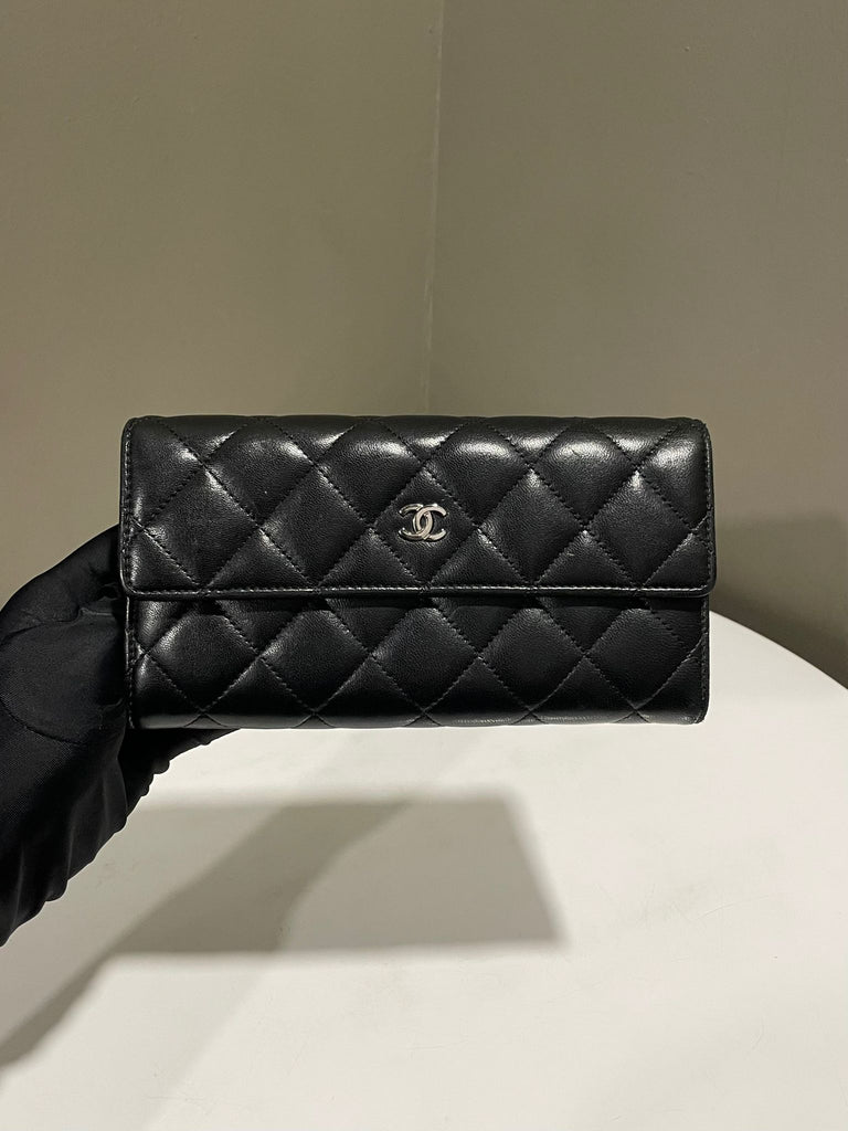 Chanel Quilted Long Flap Wallet Black Lambskin