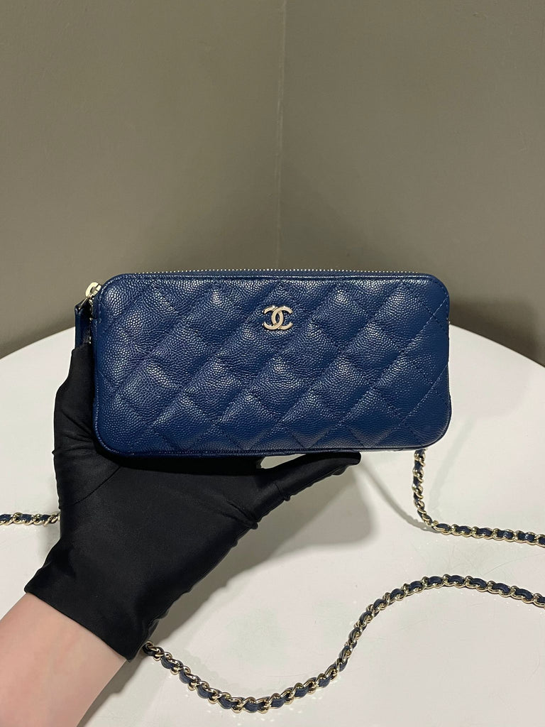 Chanel Quilted Double Zip Clutch on Chain Navy Caviar