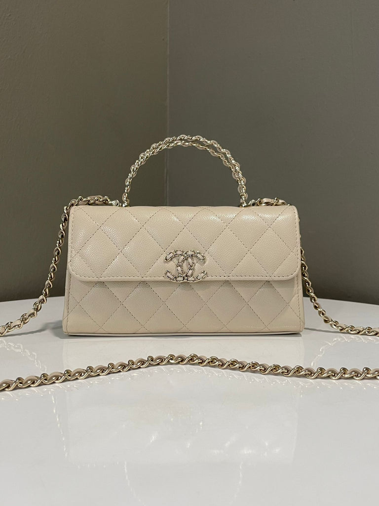 Chanel Cc Quilted Top Handle Bag Beige Caviar