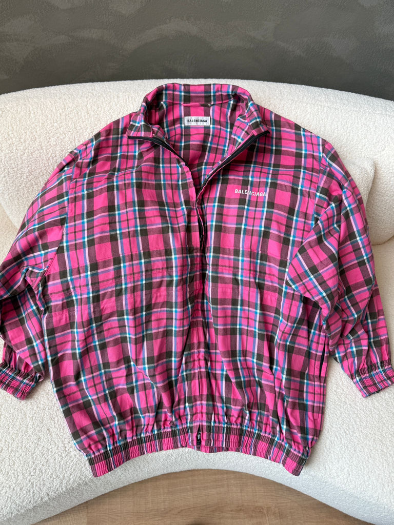 Balenciaga Zip Up Oversized Jacket Fuchsia Multicolor Checkered