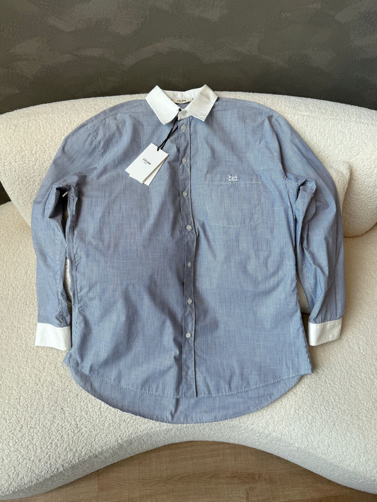 Celine Logo Oversized Boyfriend Shirt Blue / White