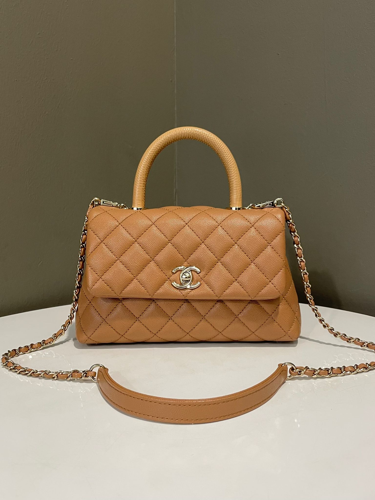 Chanel Quilted Coco Handle Dark Beige Caramel Caviar