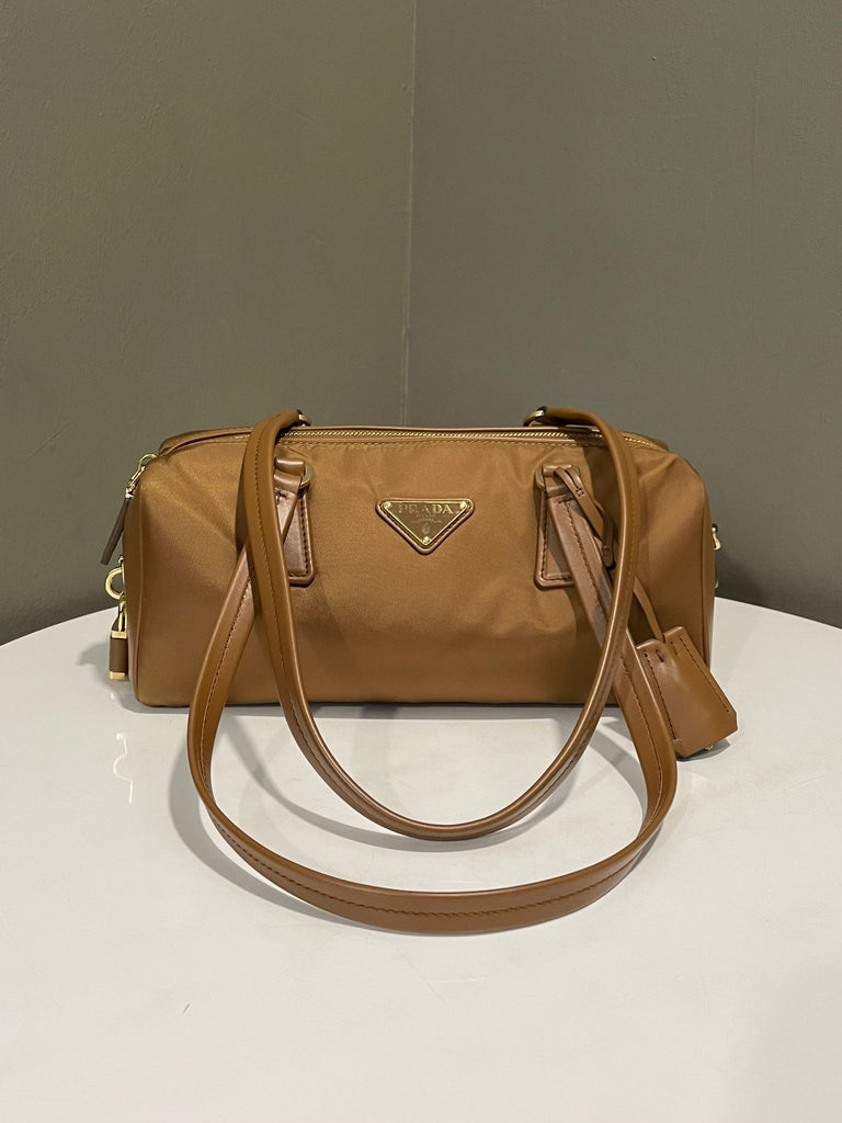Prada Re-Nylon Medium Top Handle Bag Camel Brown