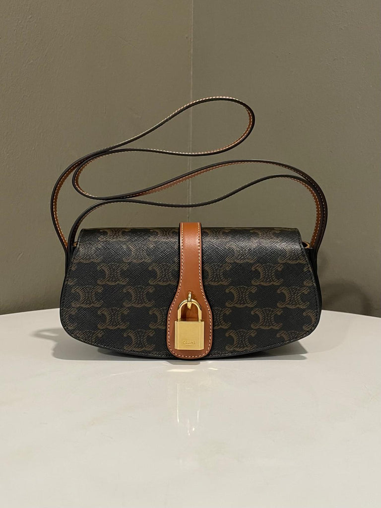 Celine Clutch On Strap Triomphe Tan Canvas/ Calfskin