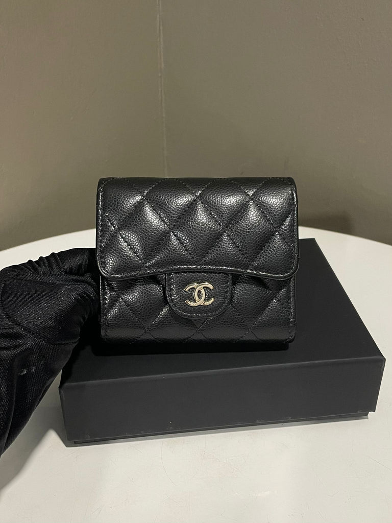 Chanel Classic Quilted Trifold Compact Wallet Black Caviar