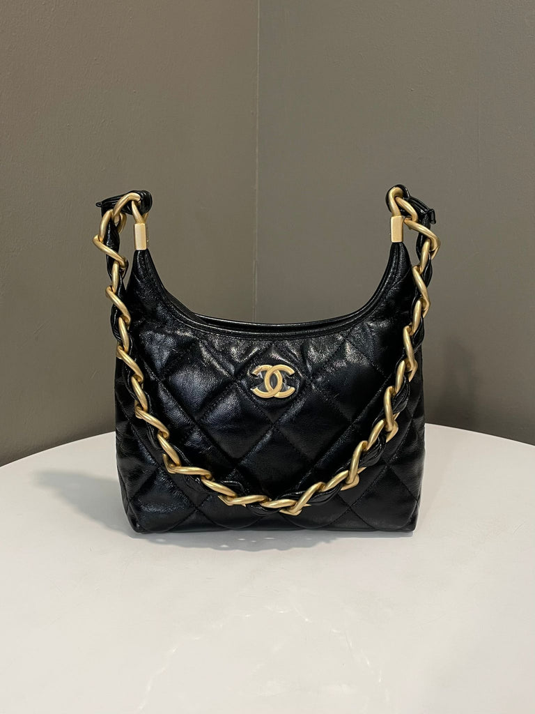 Chanel 24A CC Chain Hobo Bag Black Age Calfskin