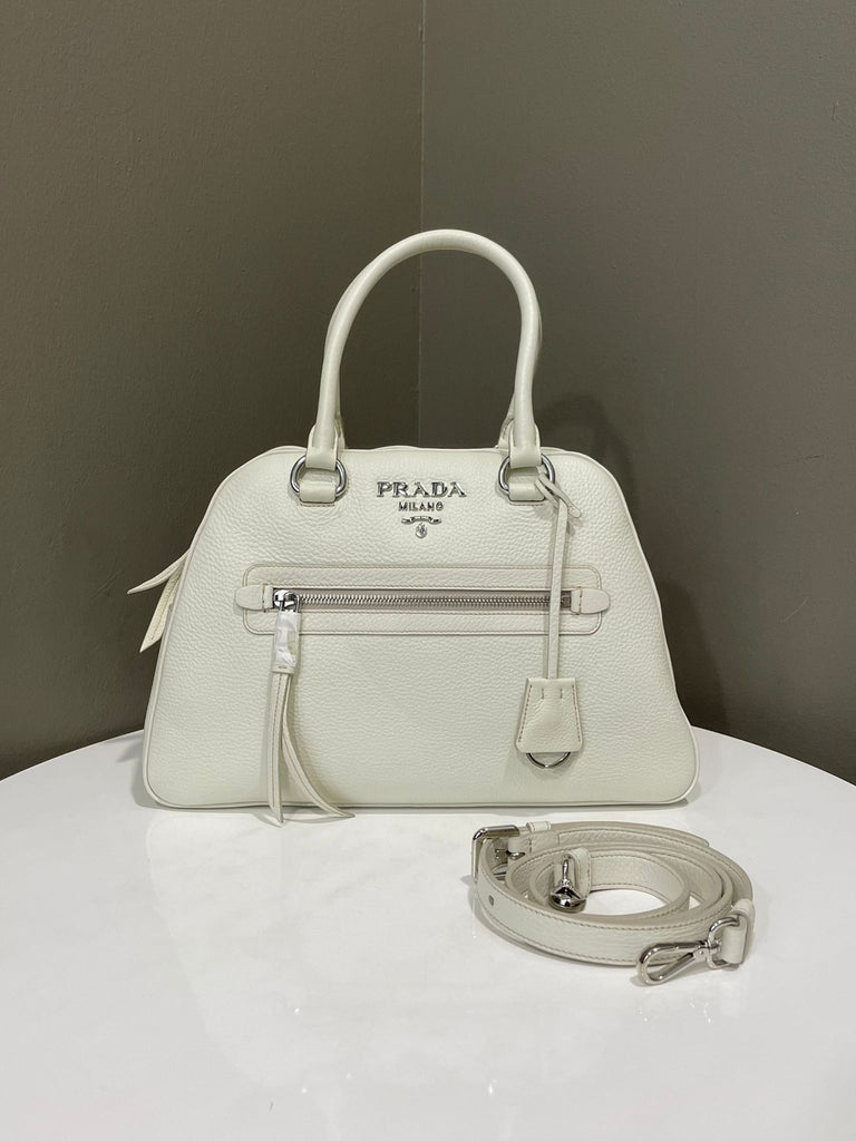 Prada Top Handle Bowling Bag Ivory Grainy