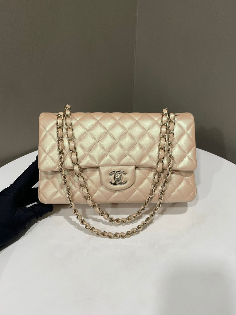Chanel 21S Classic Quilted Double Flap Iridescent Beige
