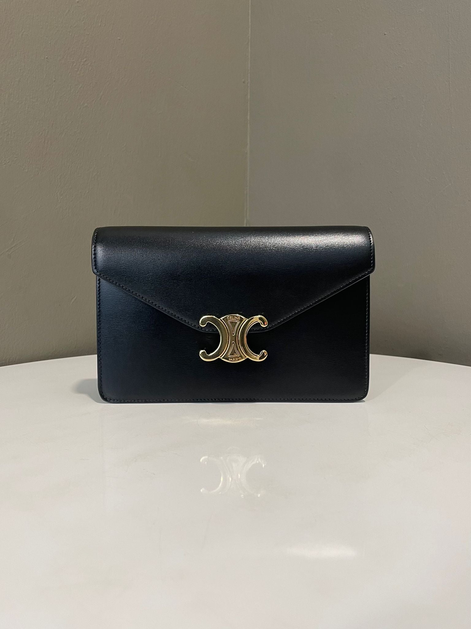 Celine Triomphe Wallet on Chain Margo Black Shiny Calfskin