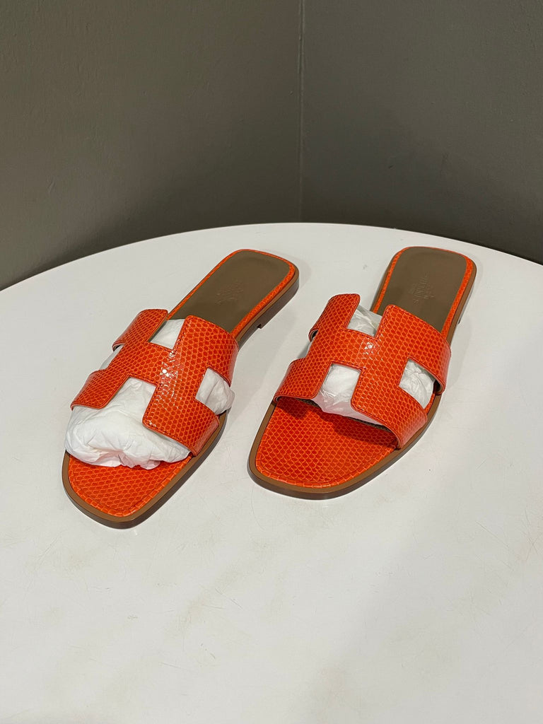 Hermes Oran Sandal Orange Lizard Size 38