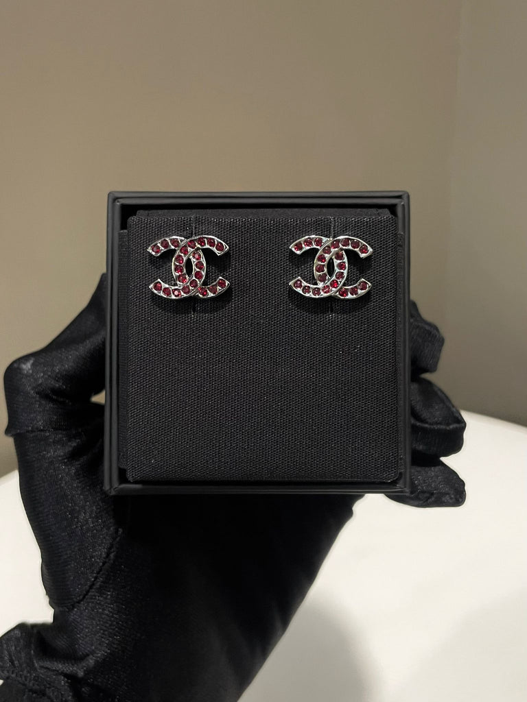 Chanel 25A Classic Cc Earring Ruby Red Rhinestones