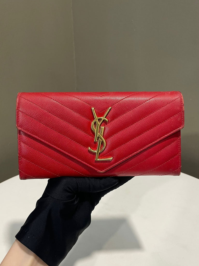 Saint Laurent Large Monogram Wallet Red Grainy Leather