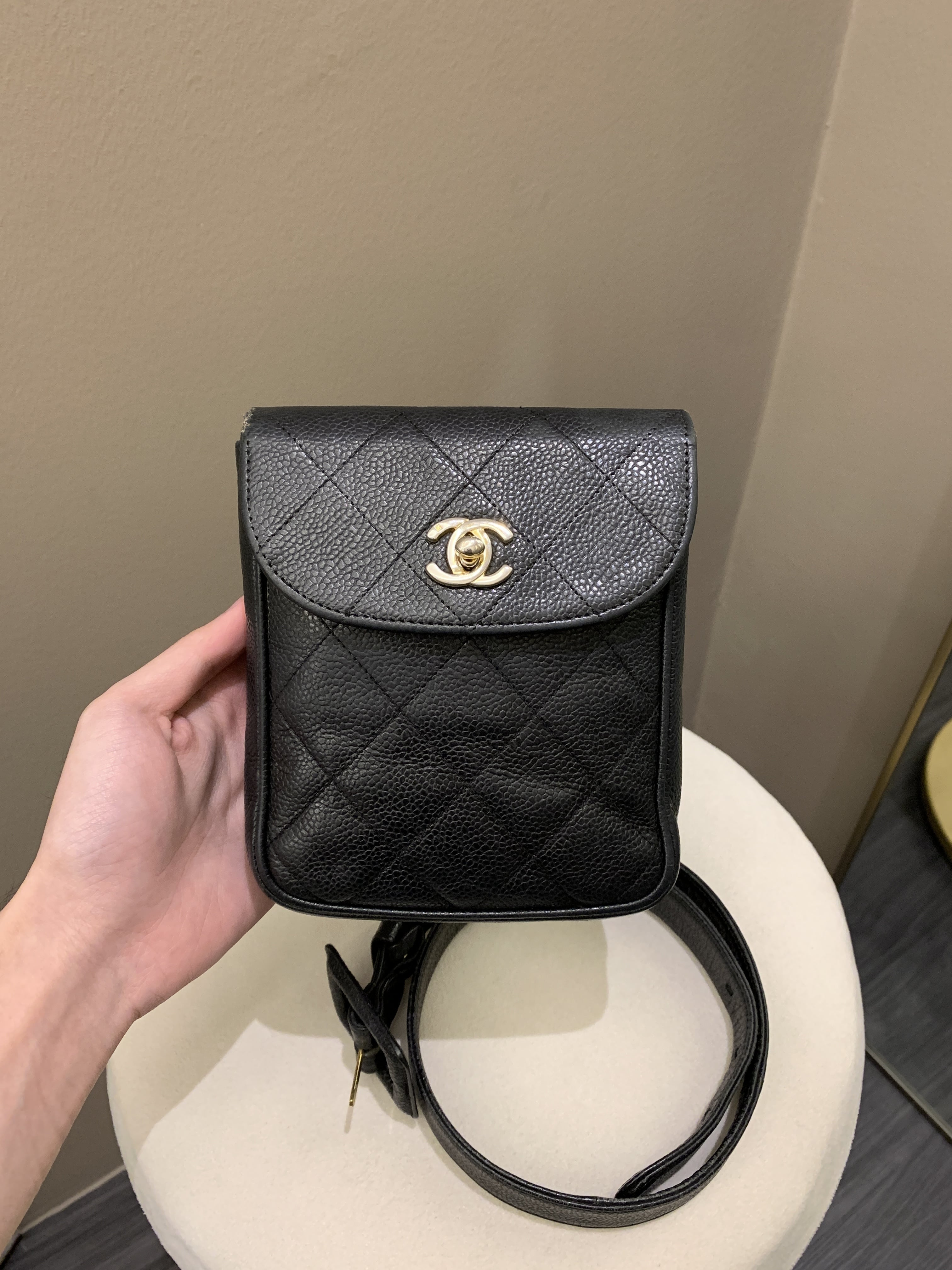Chanel Vintage Quilted Cc Belt Bag Black Caviar