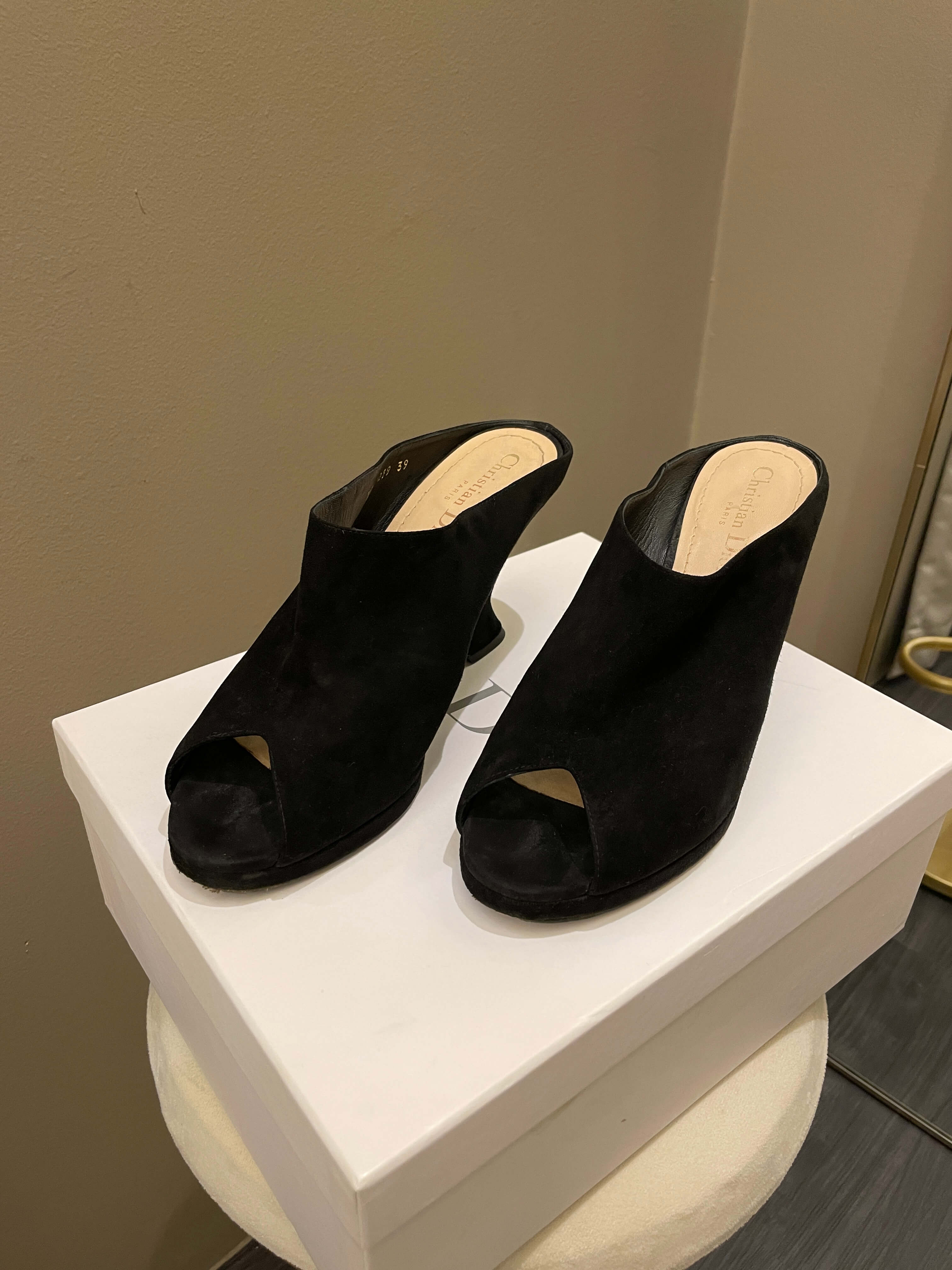 Christian Dior Absolu Mule Wedge Sandal Black Suede Size 39