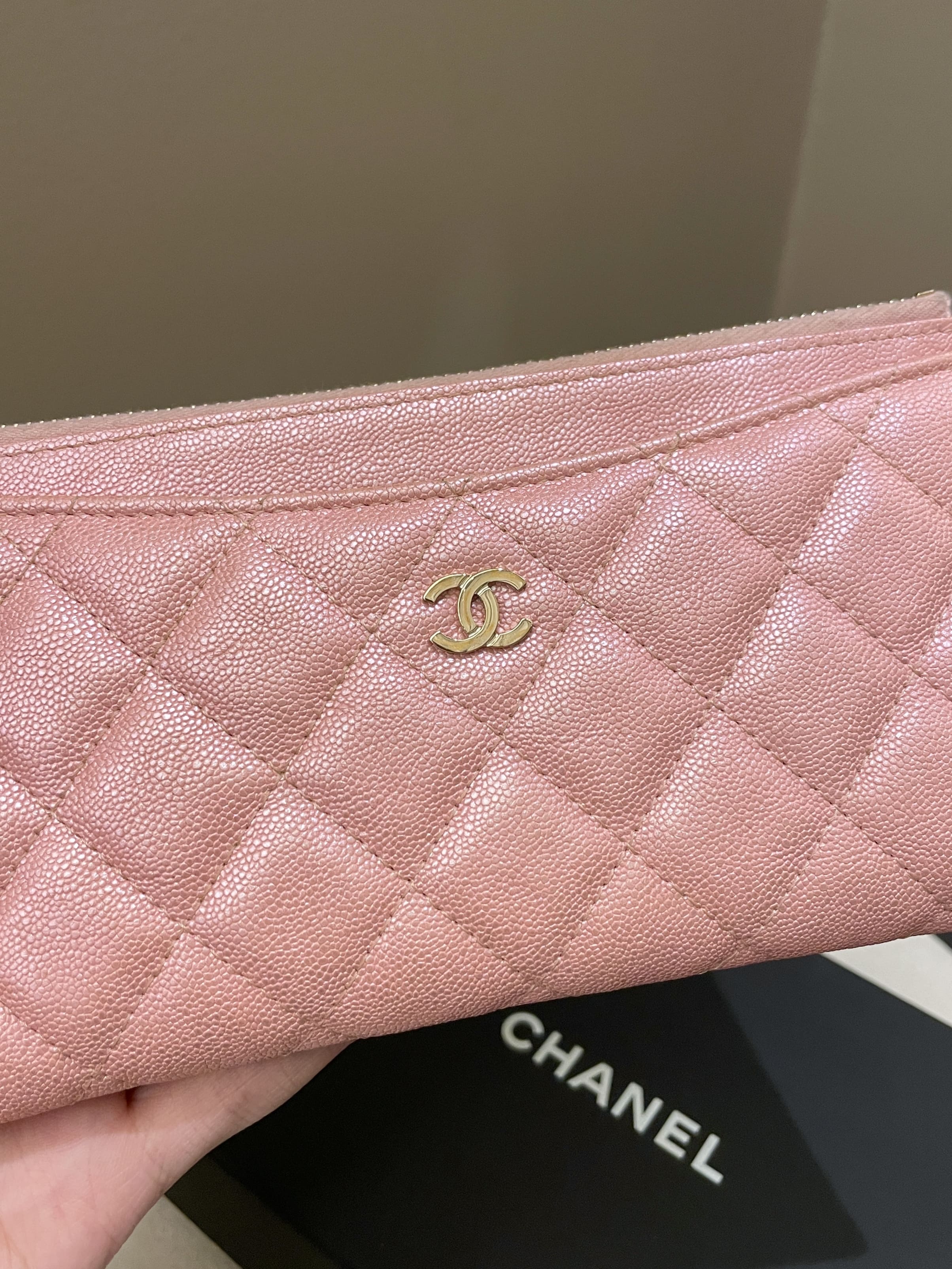Chanel 19S Quilted Long Zip Pouch Iridescent Pink Caviar