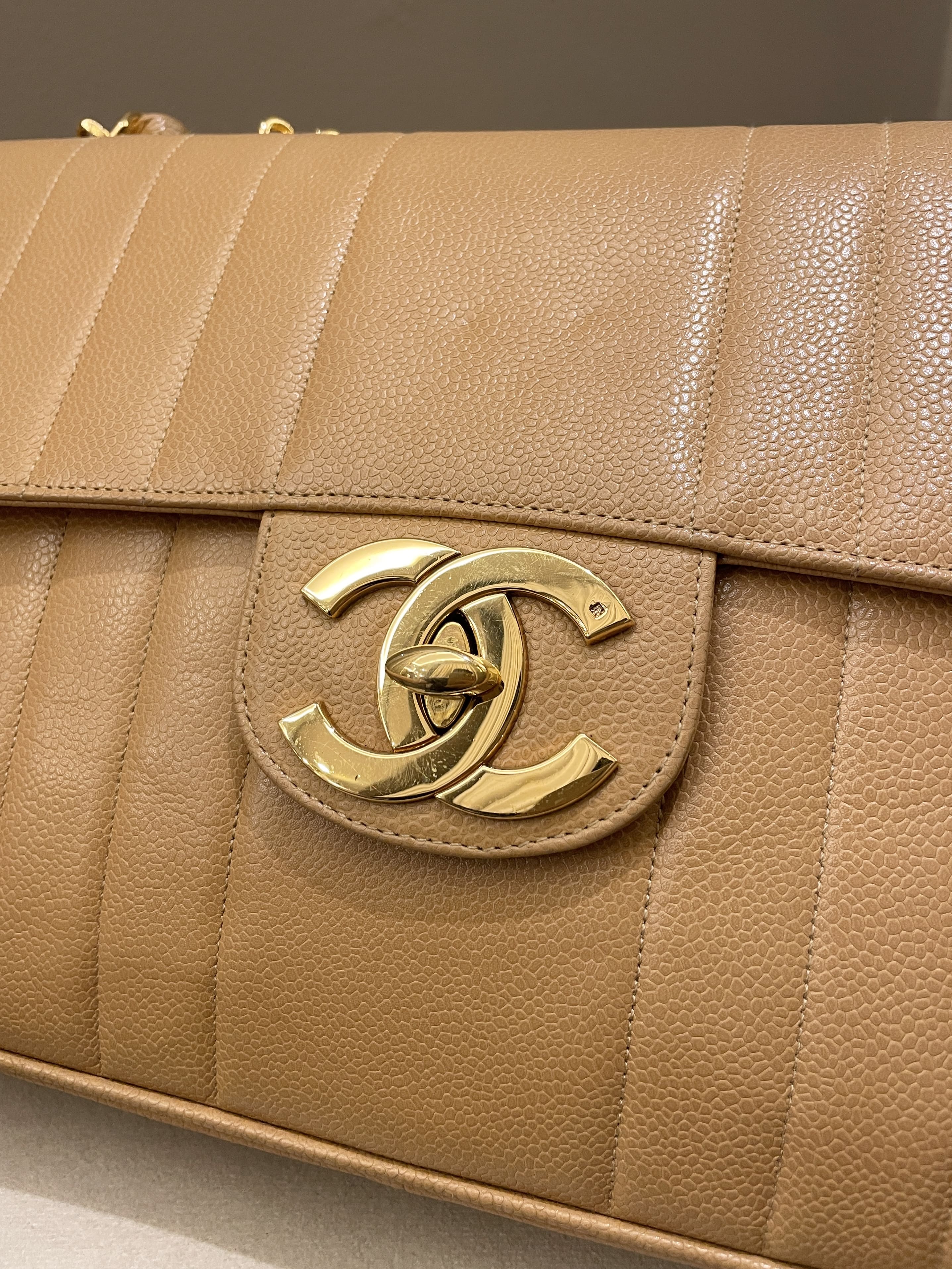 Chanel Vintage Vertical XL Cc Flap Dark Beige Gold Caviar