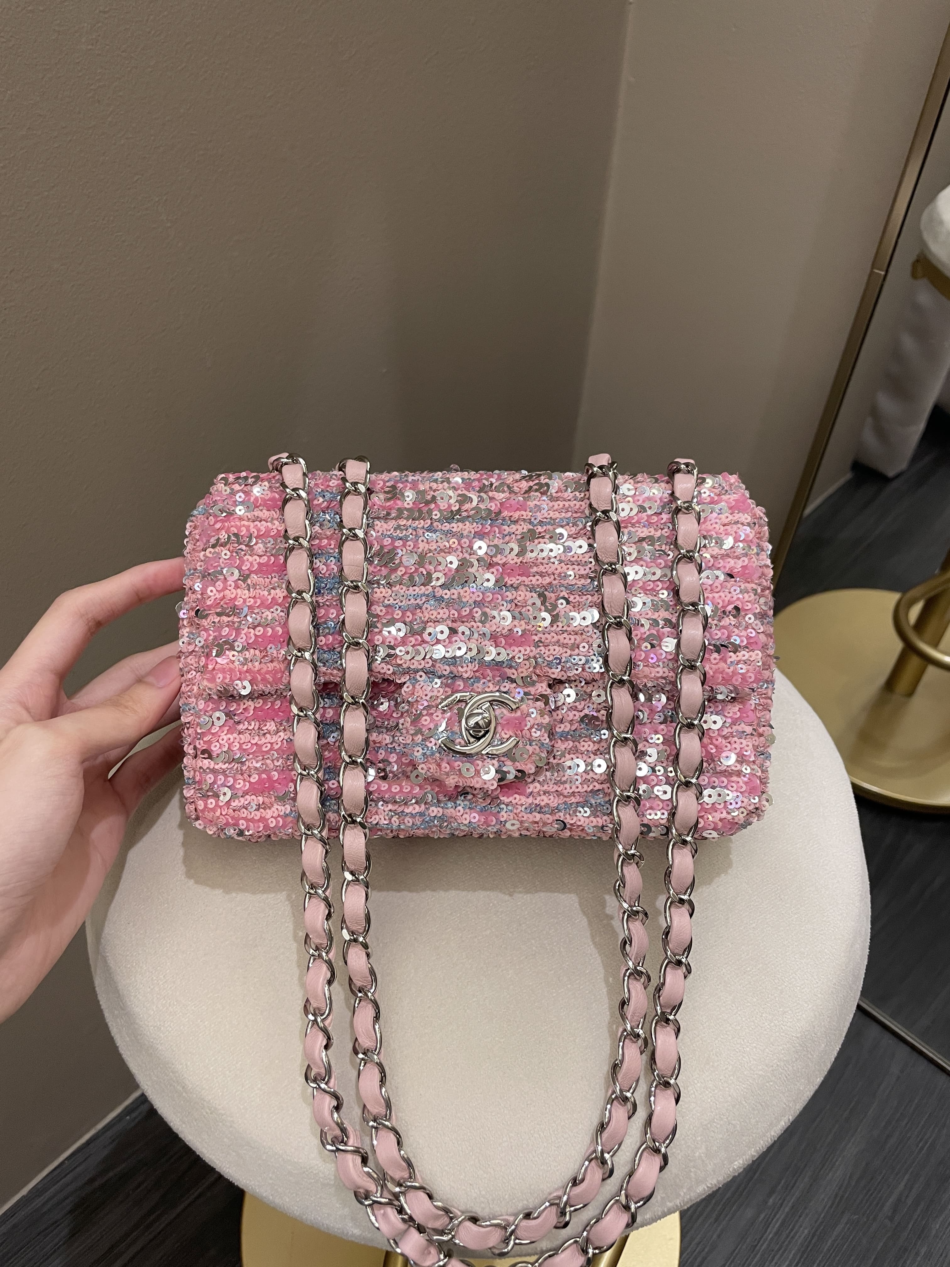 Chanel Quilted Mini Rectangular Flap Bag Pink Sequins