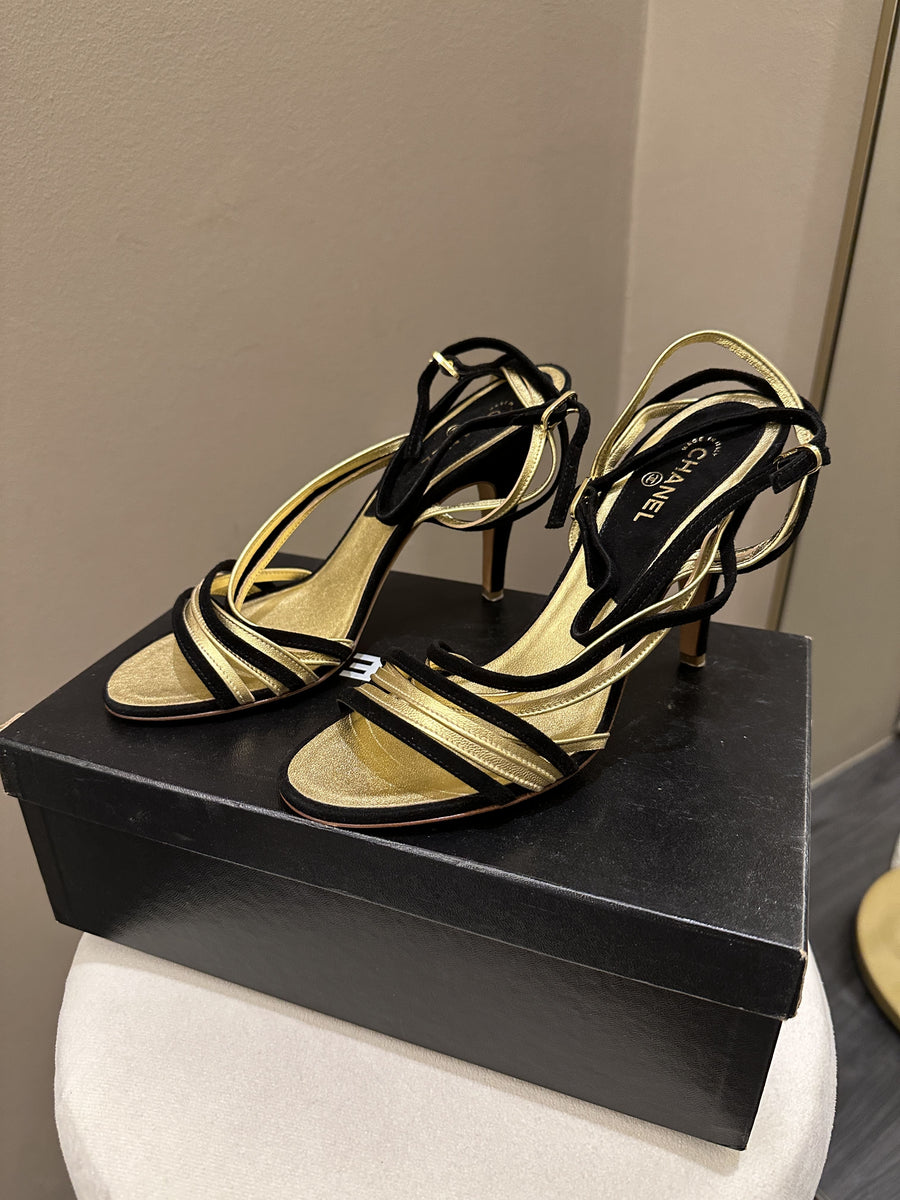 Chanel Strappy Heels Black Velvet/ Gold Metallic Size 38 – LOVELOTSLUXURY