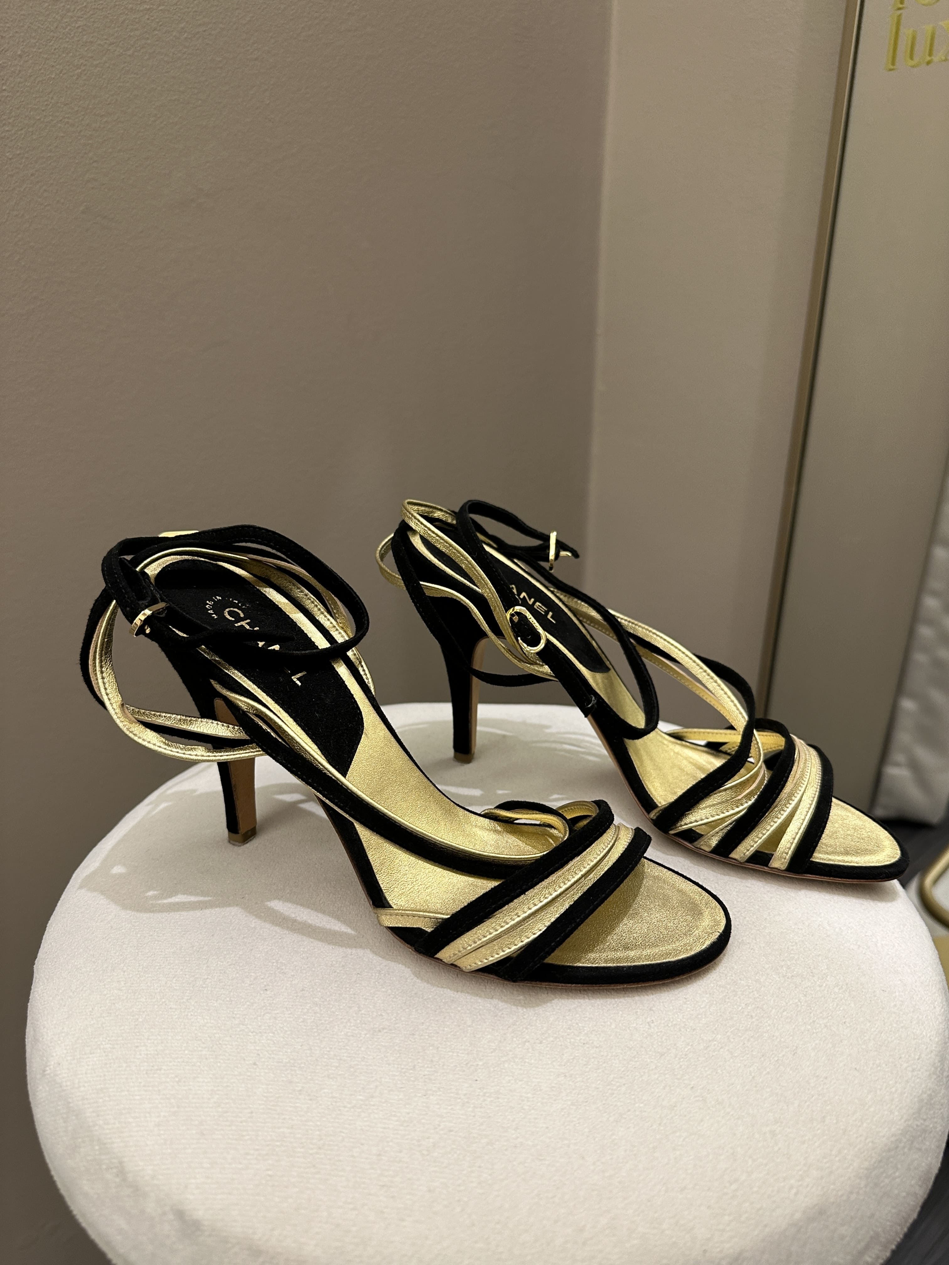 Chanel Strappy Heels Black Velvet/ Gold Metallic Size 38