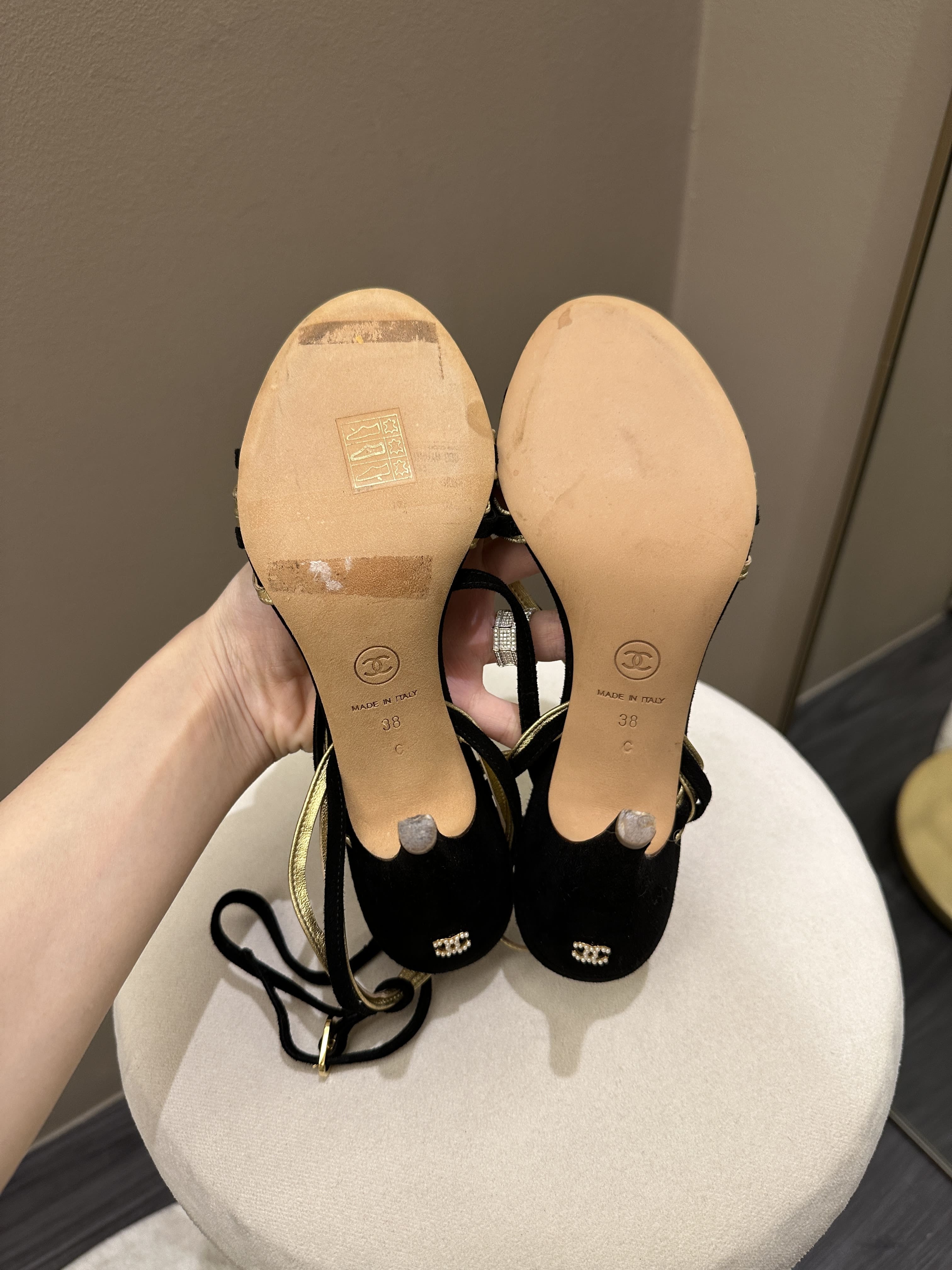 Chanel Strappy Heels Black Velvet/ Gold Metallic Size 38