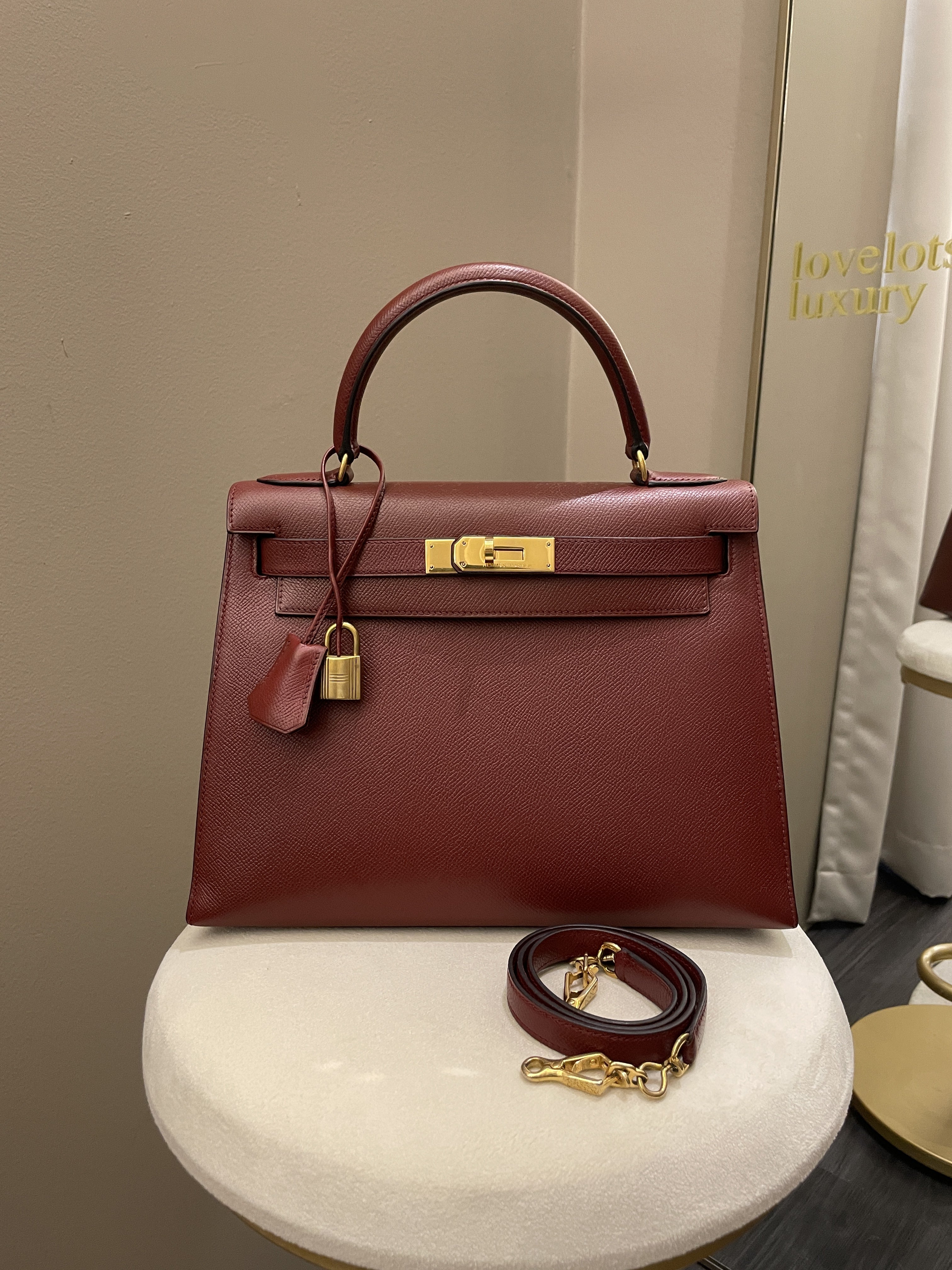 Hermès Kelly HSS 28 Rouge Casaque/Etoupe Sellier Epsom Brushed