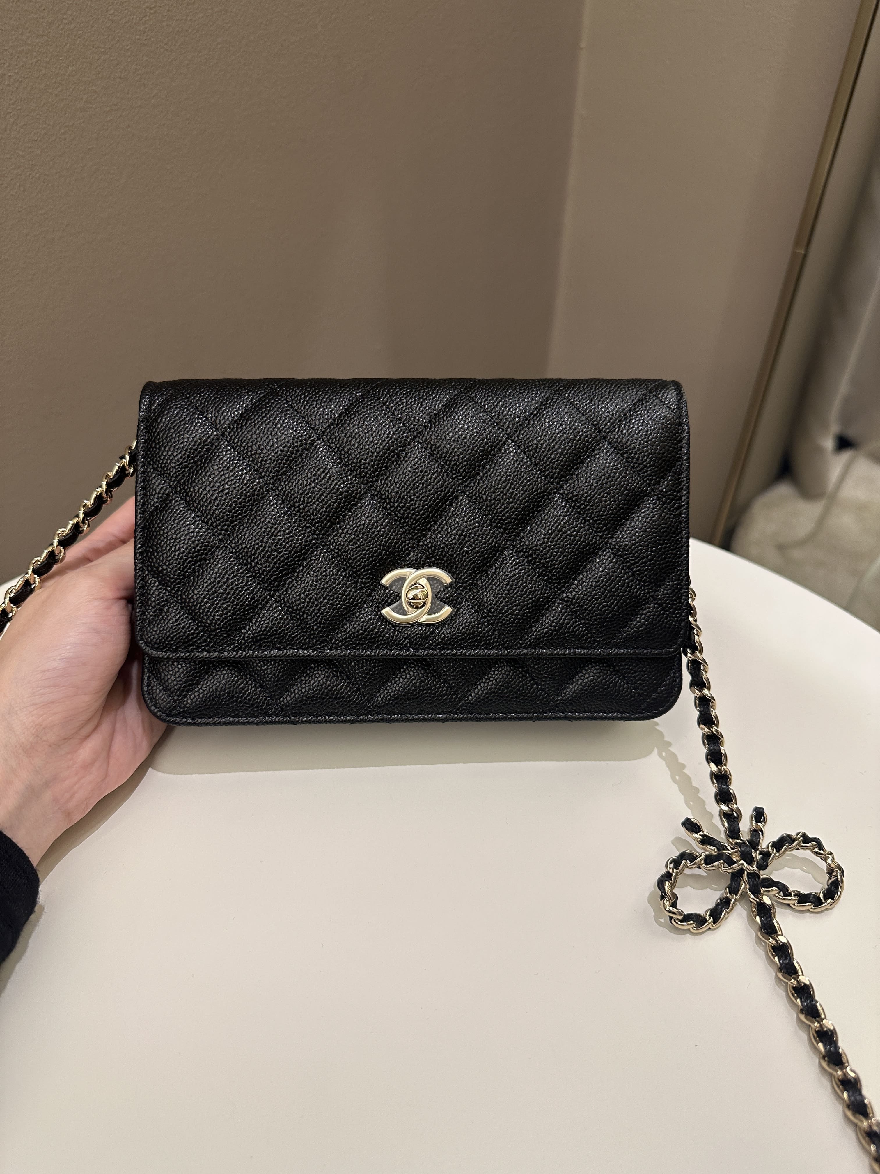 New CHANEL 23S Wallet Quilted Bow Bag Belt Caviar Leather Black