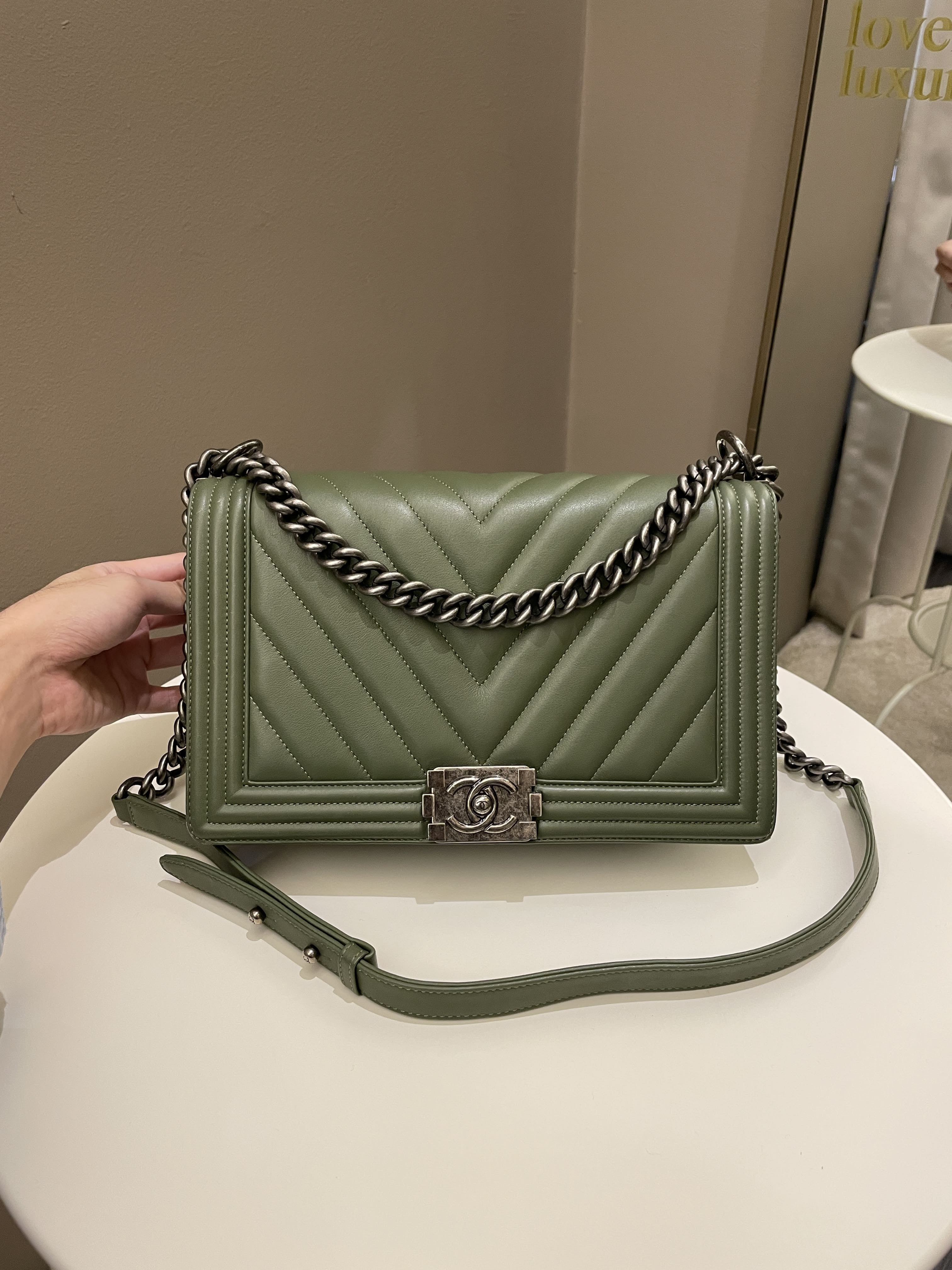 Olive green chanel boy bag new arrivals