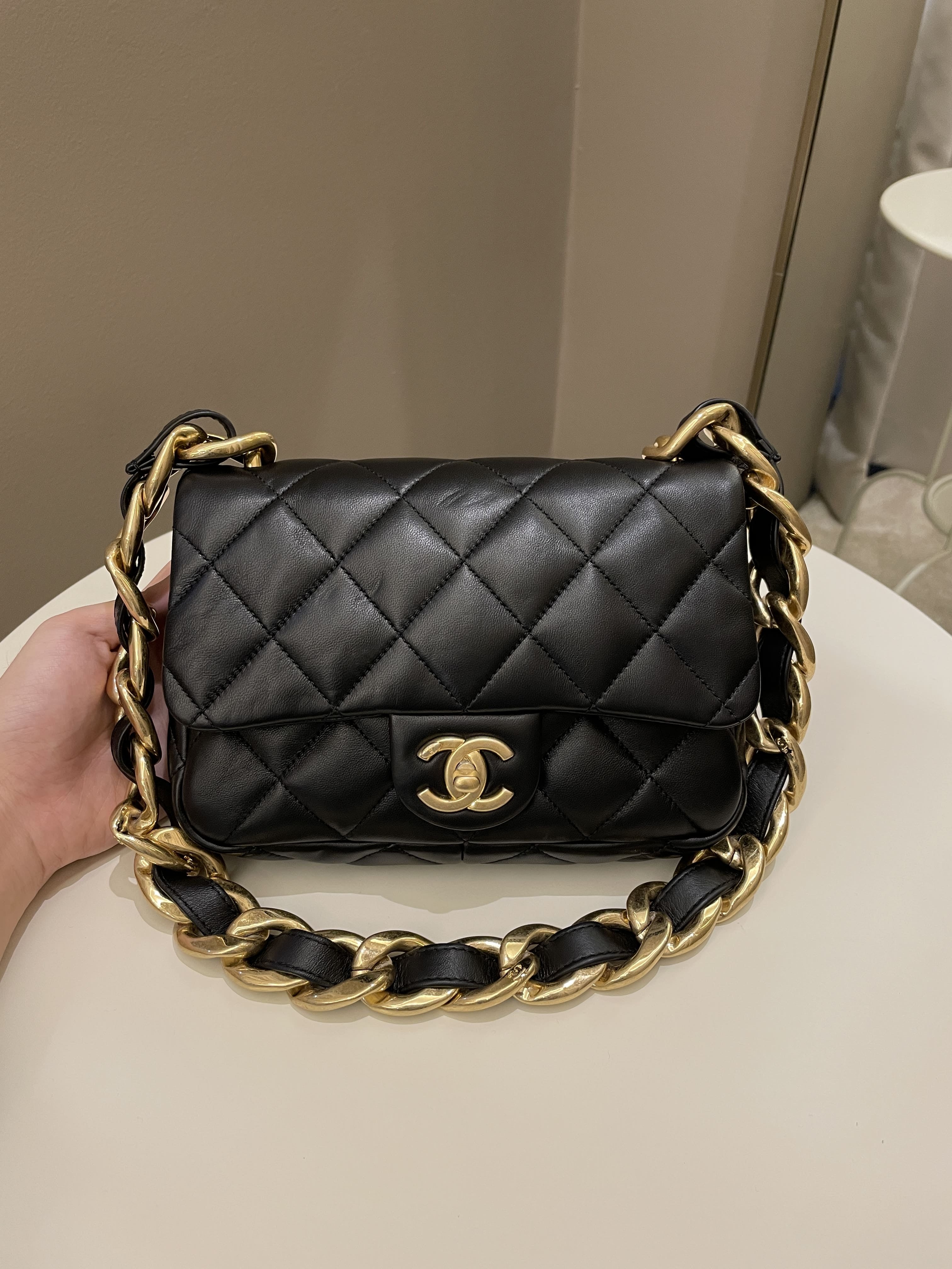 Small shopping bag, Calfskin & gold-tone metal, black — Fashion