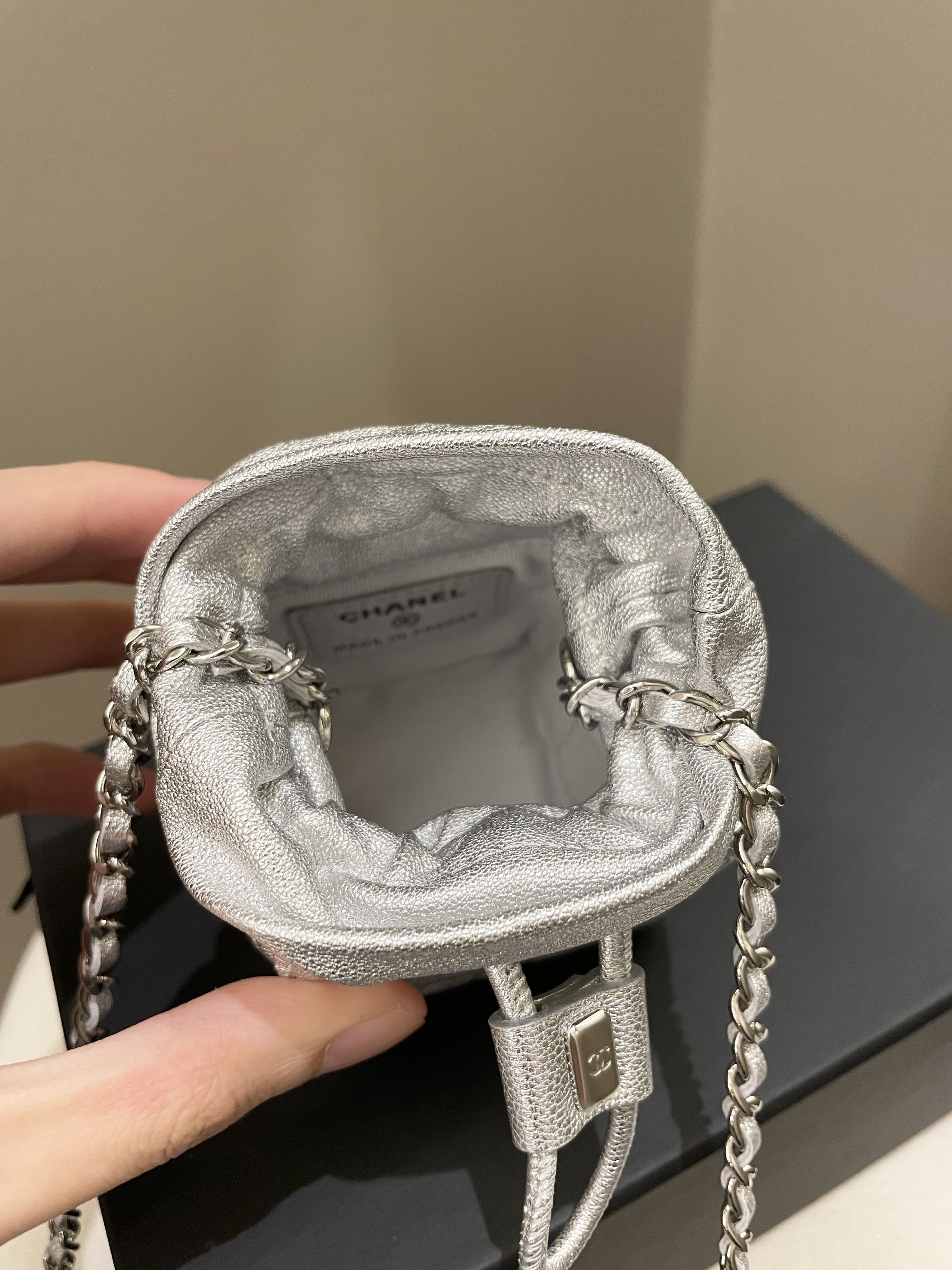 Chanel 22C Mini Clutch With Chain Metallic Silver Glazed Lambskin