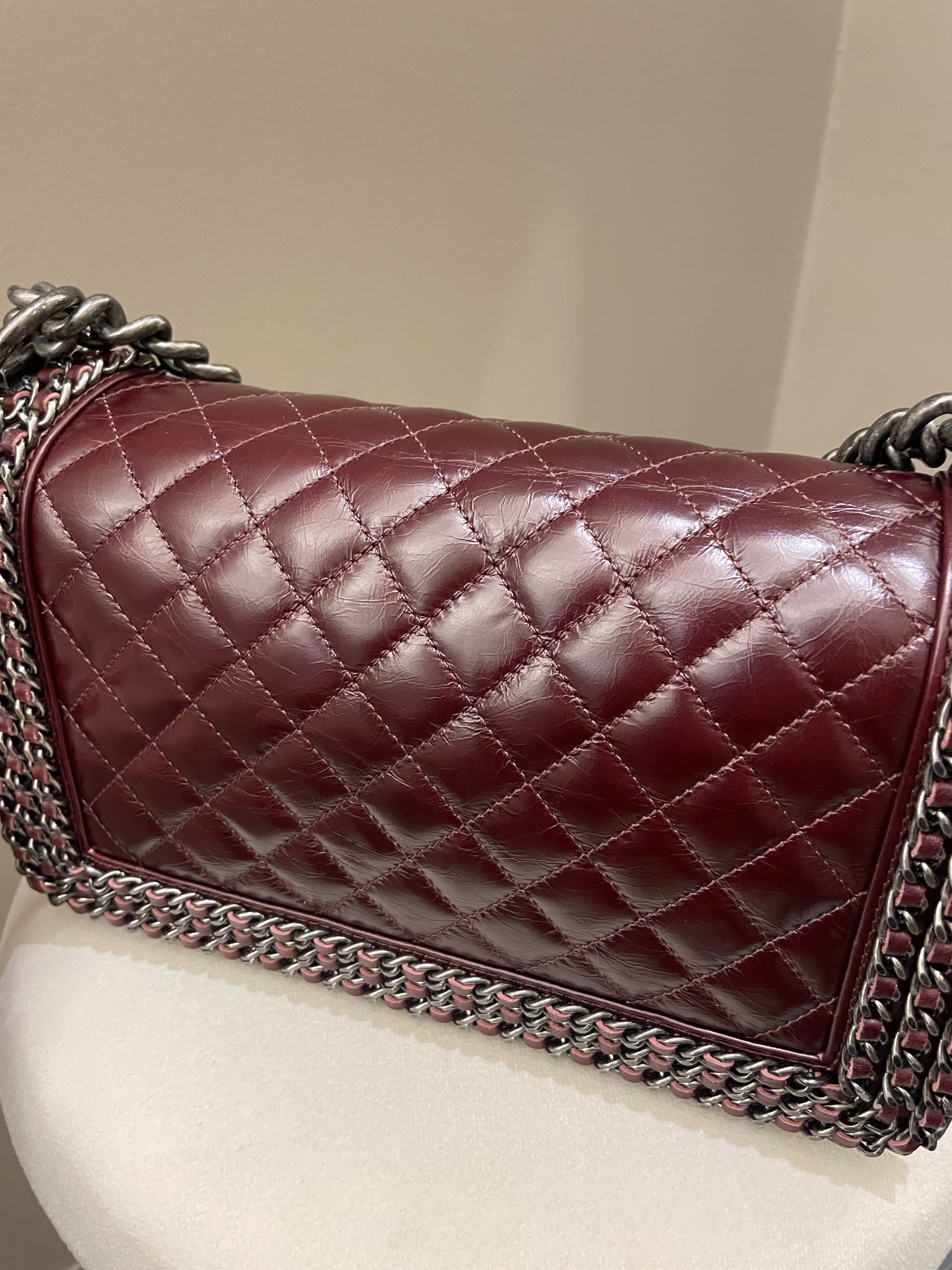 Chanel Quilted Old Medium Chained Boy Bag Burgundy Aged Calfskin