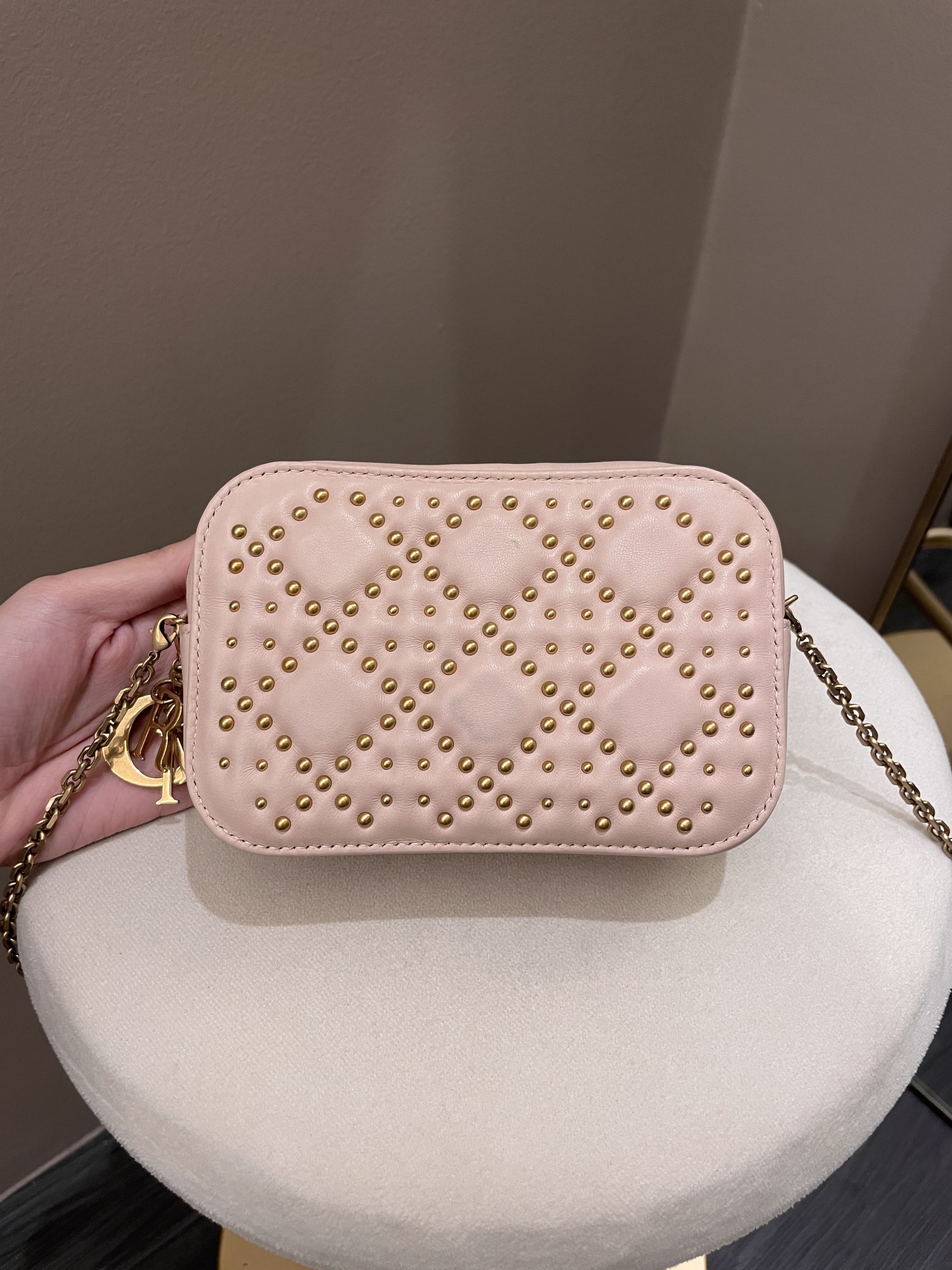 CHRISTIAN DIOR Lambskin Cannage Studded Lady Dior Compact Wallet