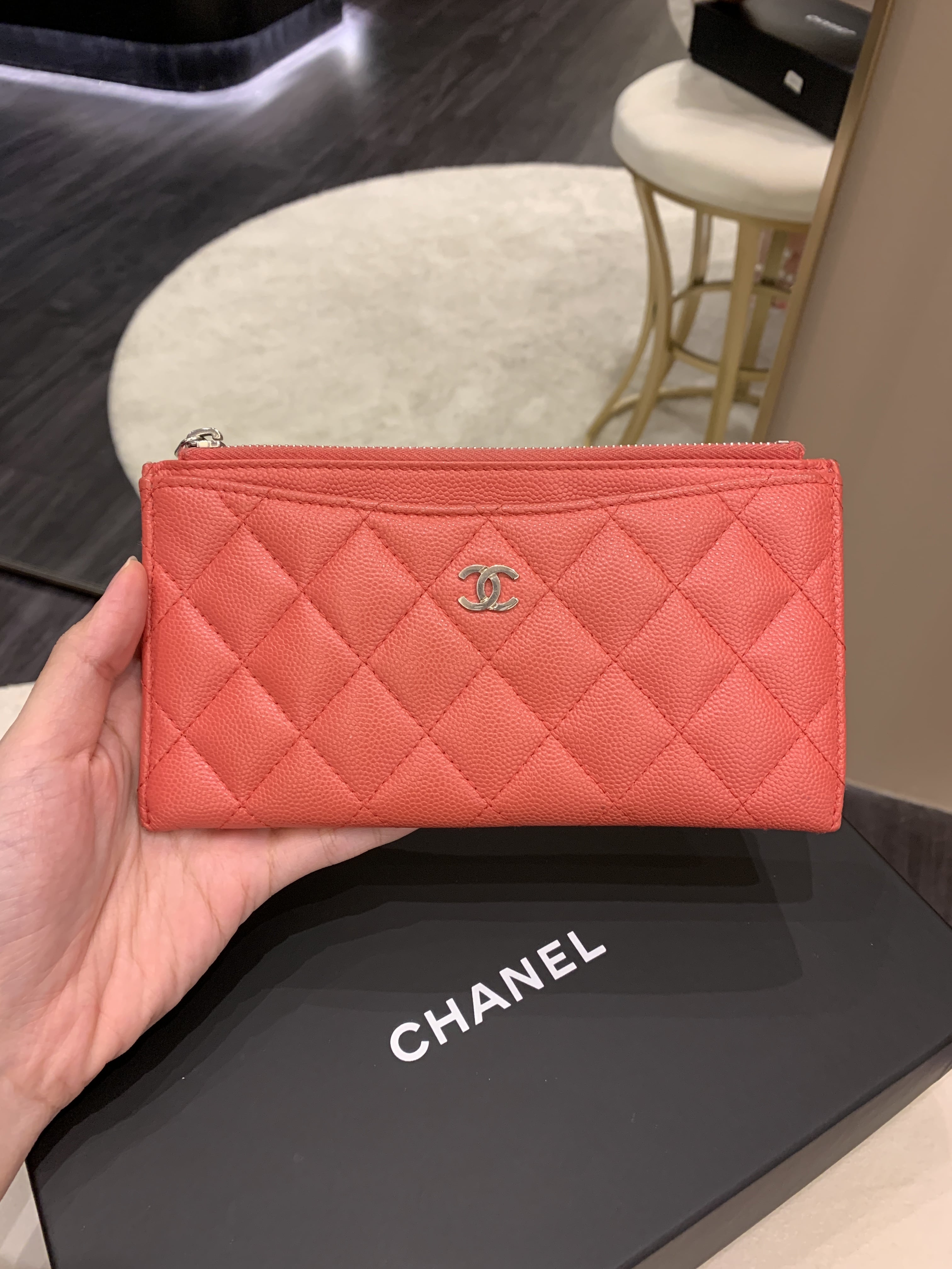 Chanel Quilted Long Zip Pouch Pink Caviar